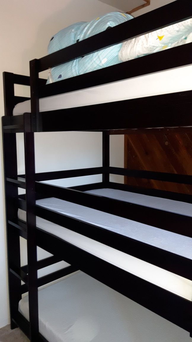 Cappuccino Triple Twin Bunk Bed! Like new with memory foam mattresses!!
