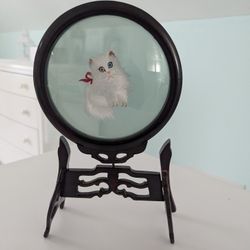 Vintage Chinese Silk Embroidered Cat Two Sided Glass Frame On Stand with Box