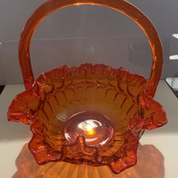 Vintage Amberina Fenton Glass Basket Thumbprint Design 8.5"