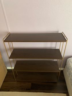 1960s MCM Metal Shelving Unit - Faux Walnut & Brass Bookcase - Atomic Age
