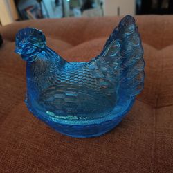 RARE Vintage Mosser Split Tail Hen On Nest Turned Head Capri Teal Blue  5 Inches excellent condition