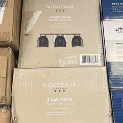 Monteaux Lighting 20 in. 3-Light Brushed Nickel Bathroom Vanity Light Fixture with Black Metal Shades 