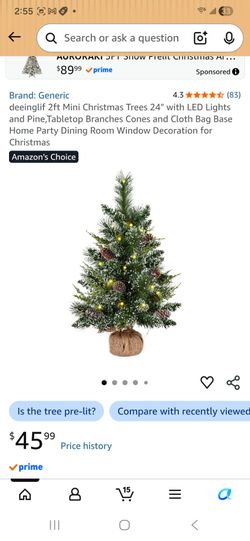 2ft Mini Christmas Trees 24" with LED Lights and Pine,Tabletop Branches Cones and Cloth Bag Base Home Party Dining Room Window Decoration for Christma