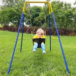 New SELEWARE Toddler Swing Set w/Foldable Steel Swing Frame Stand Kids Bucket Swing Seat for Indoor Outdoor Use, Cute Elephant Shape Design Easy to As