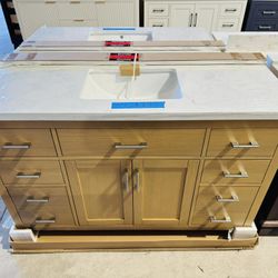 54” Bathroom Vanity in Natural Oak , single sink soft close solid wood with vanity top in white  $849 