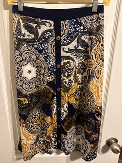 Espresso Paisley Button Front Midi Skirt Navy Gold Size M