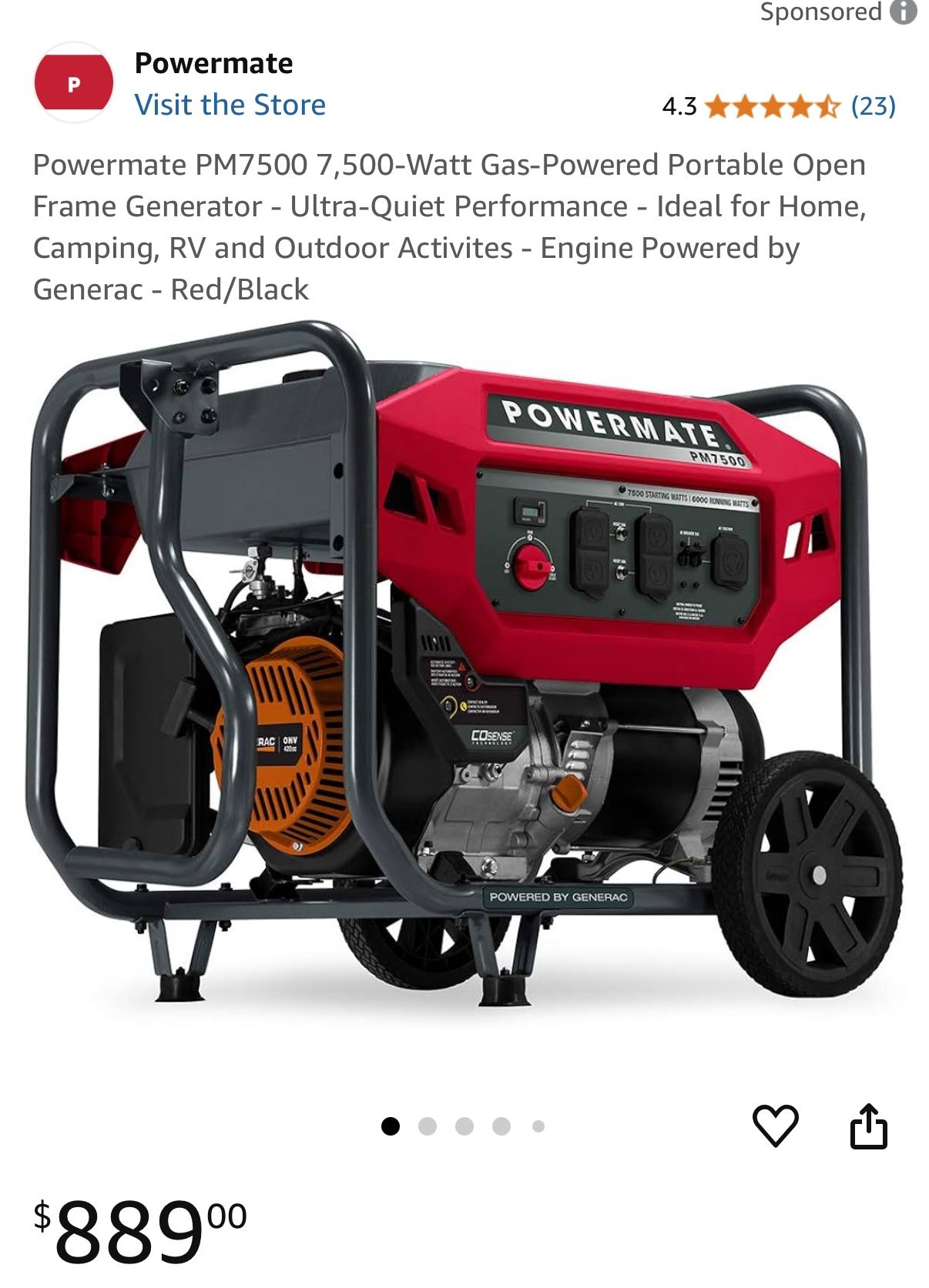 Powermate PM7500 7,500-Watt Gas-Powered Portable Open Frame Generator
