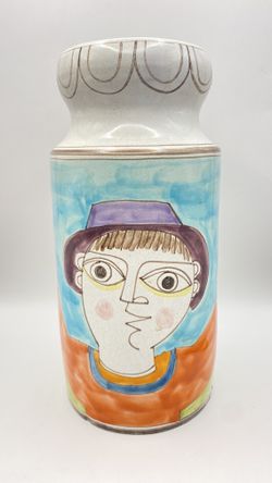 VINTAGE 1960’s GIOVANNI DESIMONE Hand Painted and Signed Large Colorful Vase Very Picassoesque Italy