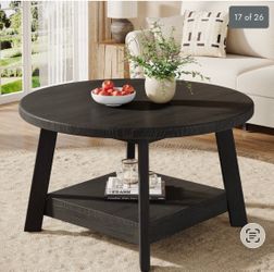 Round Black Wood Coffee Table with Lower Shelf