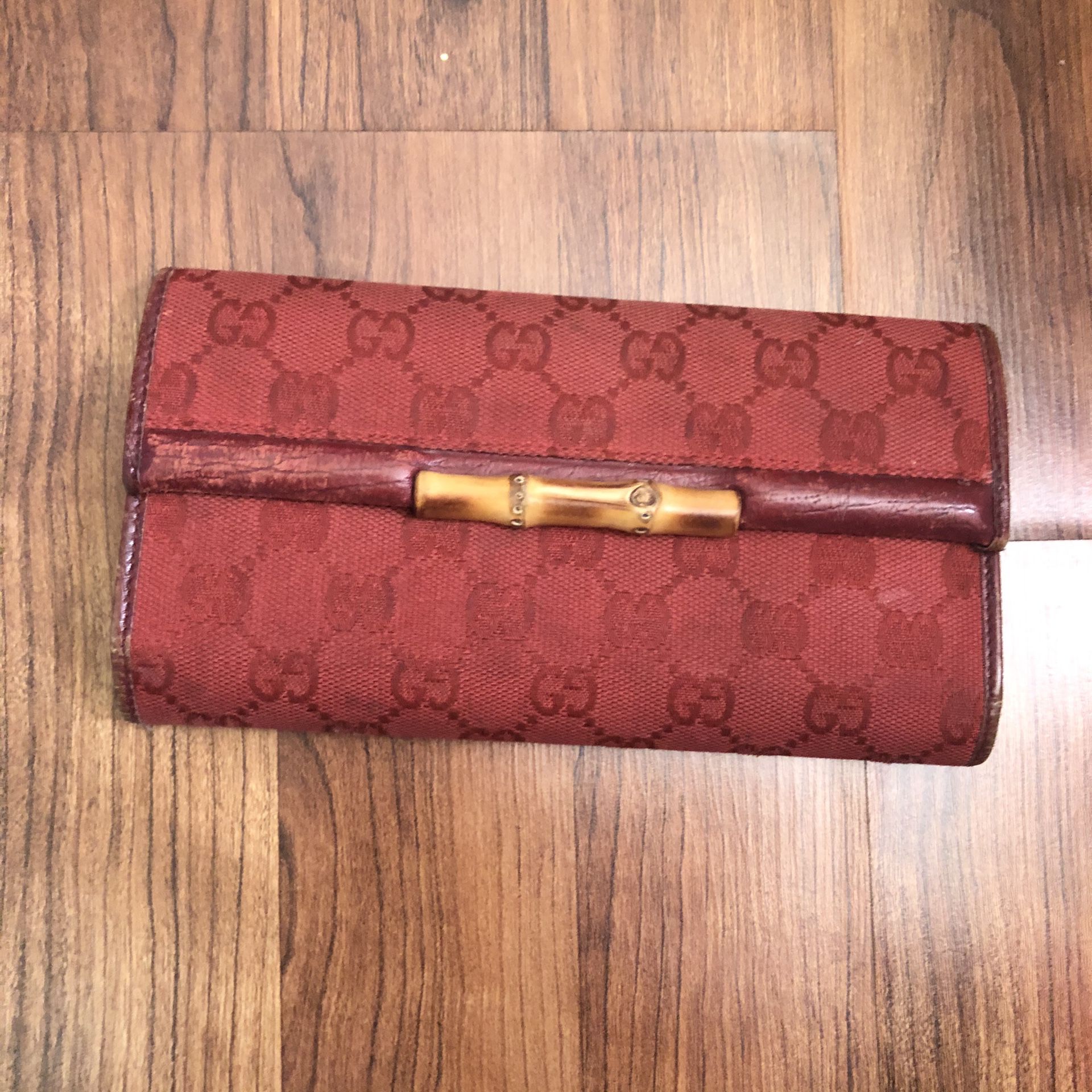 Gucci Red Vintage Canvas Bamboo Wallet