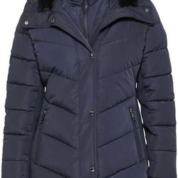 Andrew Marc Women's Mixed Media Hooded Puffer Walker Jacket Navy,  size  XXL