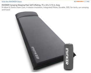INVOKER Camping Sleeping Pad, Self-Inflating, 75 x 24 x 3.15 in, Grey