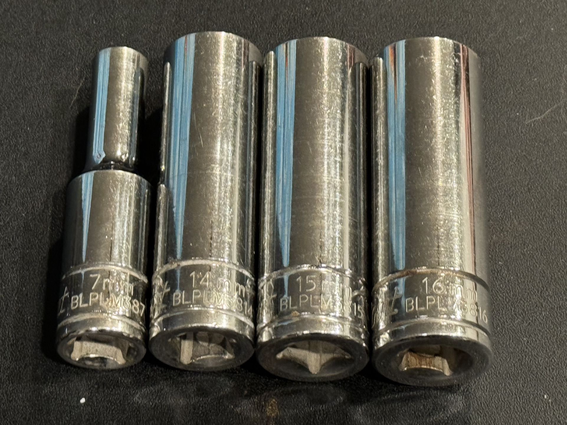 Blue-Point by Snap On - Lot of 4 Deep Metric Sockets,3/8" Drive (7mm,14mm,15mm,16mm) BLPLM Series