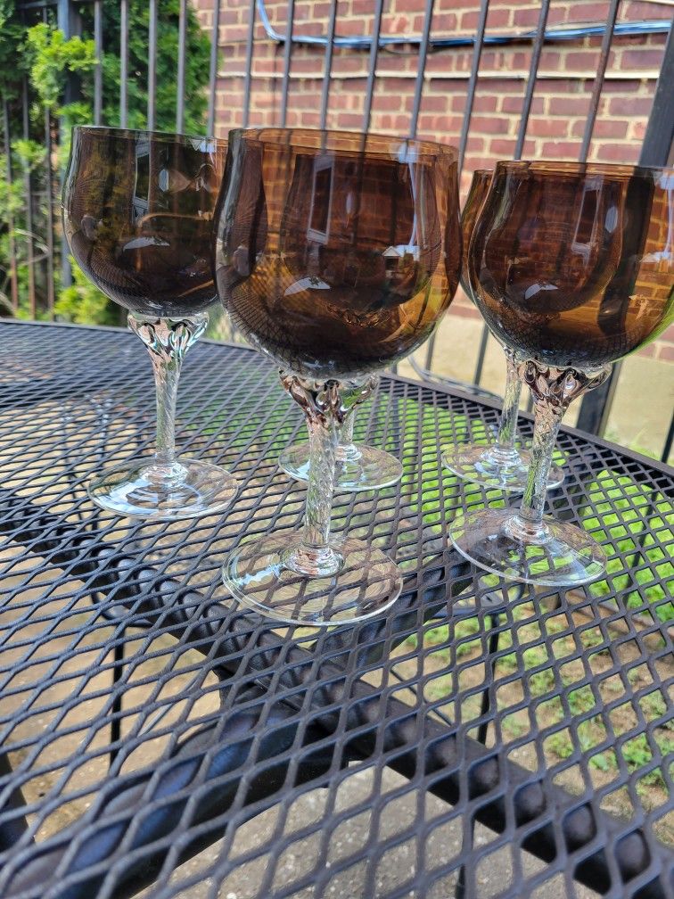 Vintage 1960s Brown Wine Glasses With Intricate Glass Stem