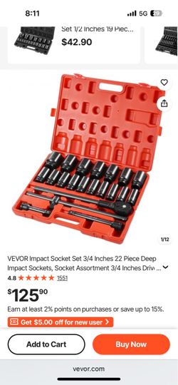 VEVOR 3/4 Inch Drive Impact Socket Set 22-Piece
