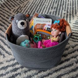 Bin of board books & toys (baby to preschool)