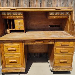 Vintage Large Wood Oak Roll Rop Desk