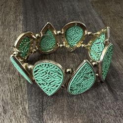 Pre-Owned Teal & Gold Colored Statement Bracelet. Elastic Band. 1 Size Fits Most