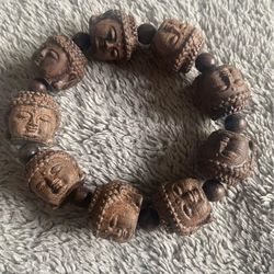 Chinese Wood Hand-Carved Buddha Bead Stretch Bracelet