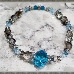 Crystal And Glass Ocean Blue Handmade Beaded Bracelet Handmade Original Design 