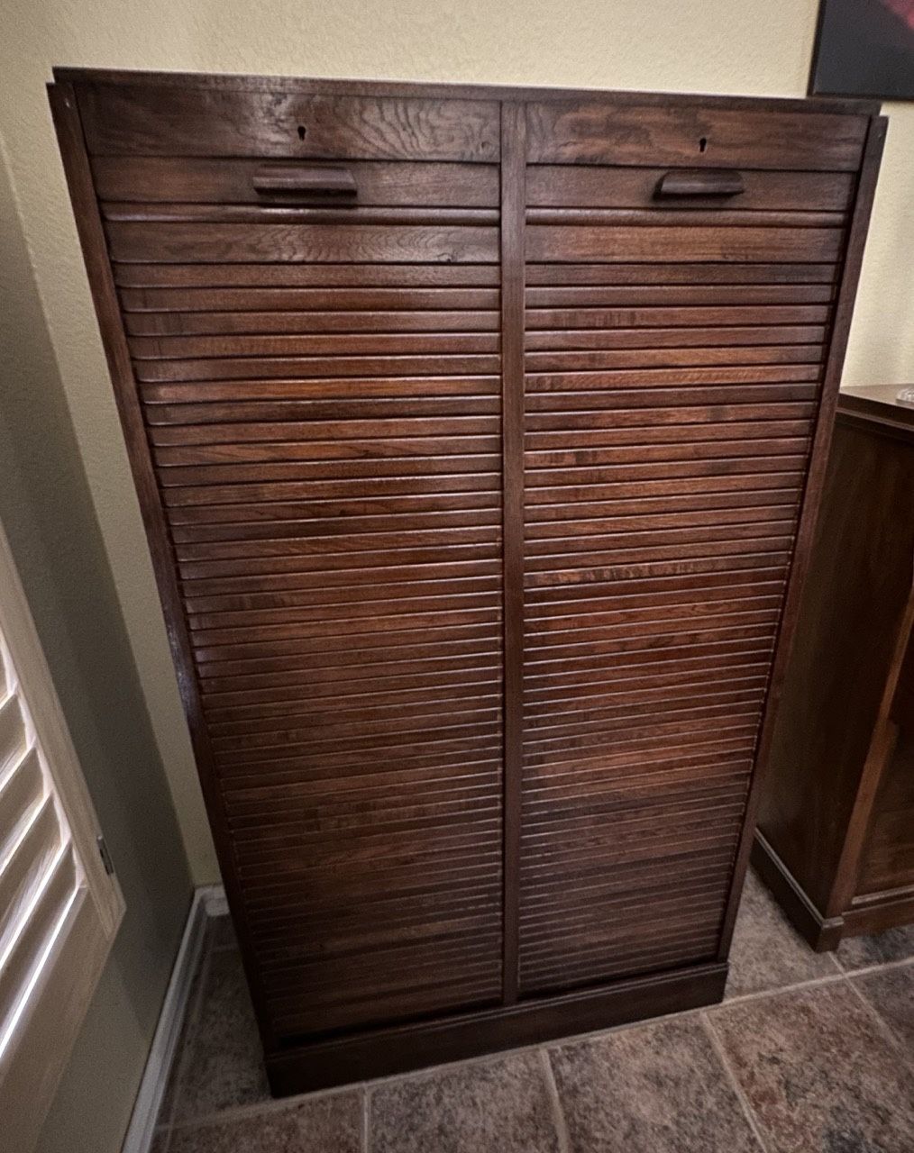 1920’s French Oak Tambour Filing Cabinet w/ Key
