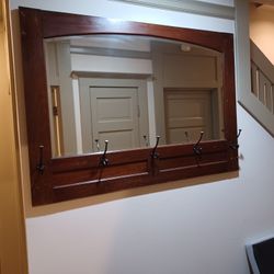 Antique Walnut Hall Mirror with Hooks 