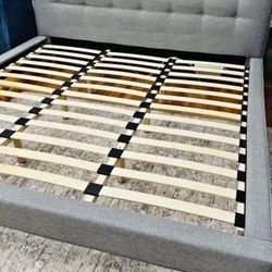 King Size Grey Tufted Platform Bed Frame Wooden Legs