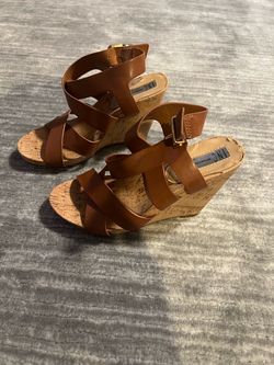 INC International Concepts Landor Strappy Cork Wedge Sandals Brown Cognac 6M