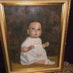 Cute Baby Oil On Cavas Framed Portrait