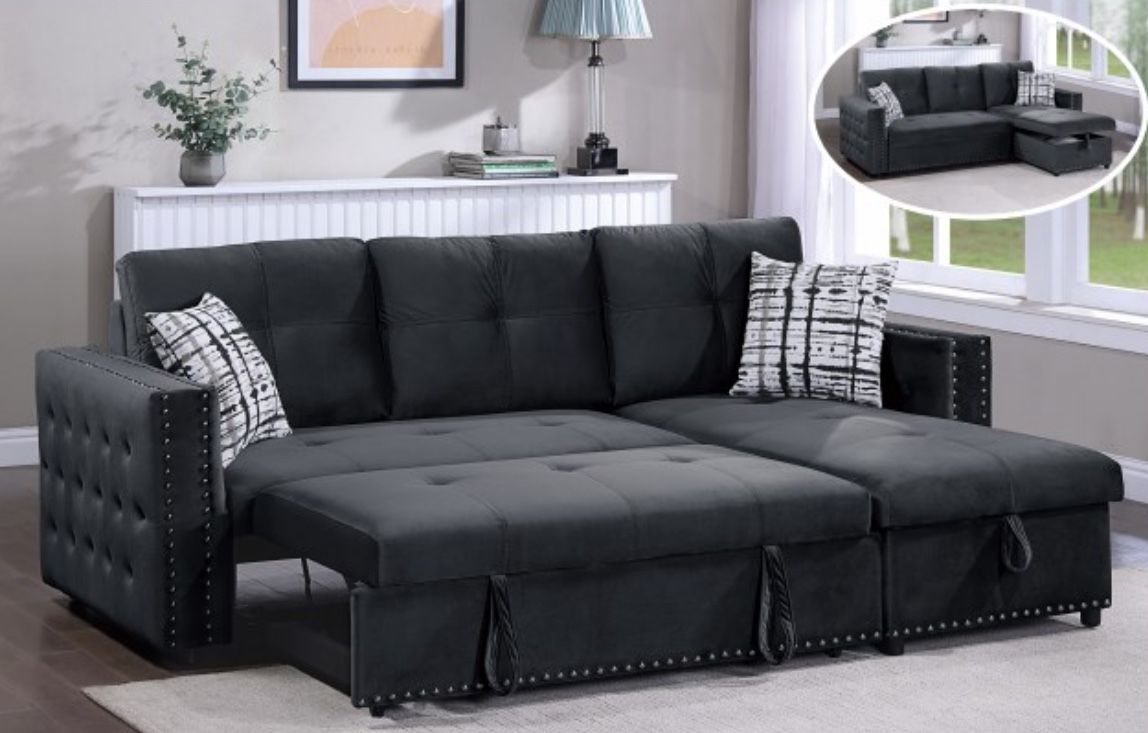 Black Velvet Convertible Sectional Reversible Chaise With Storage Pillows Included Nailhead Trim Accent Brand New In Box Firm Price $520