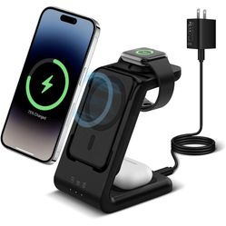  3 in 1 Wireless Charging Station, Fast Charger Stand Compatible for iPhone/Apple Watch/Airpods, 5000mAh Mag-Safe Battery Pack USB C Power Bank for 15