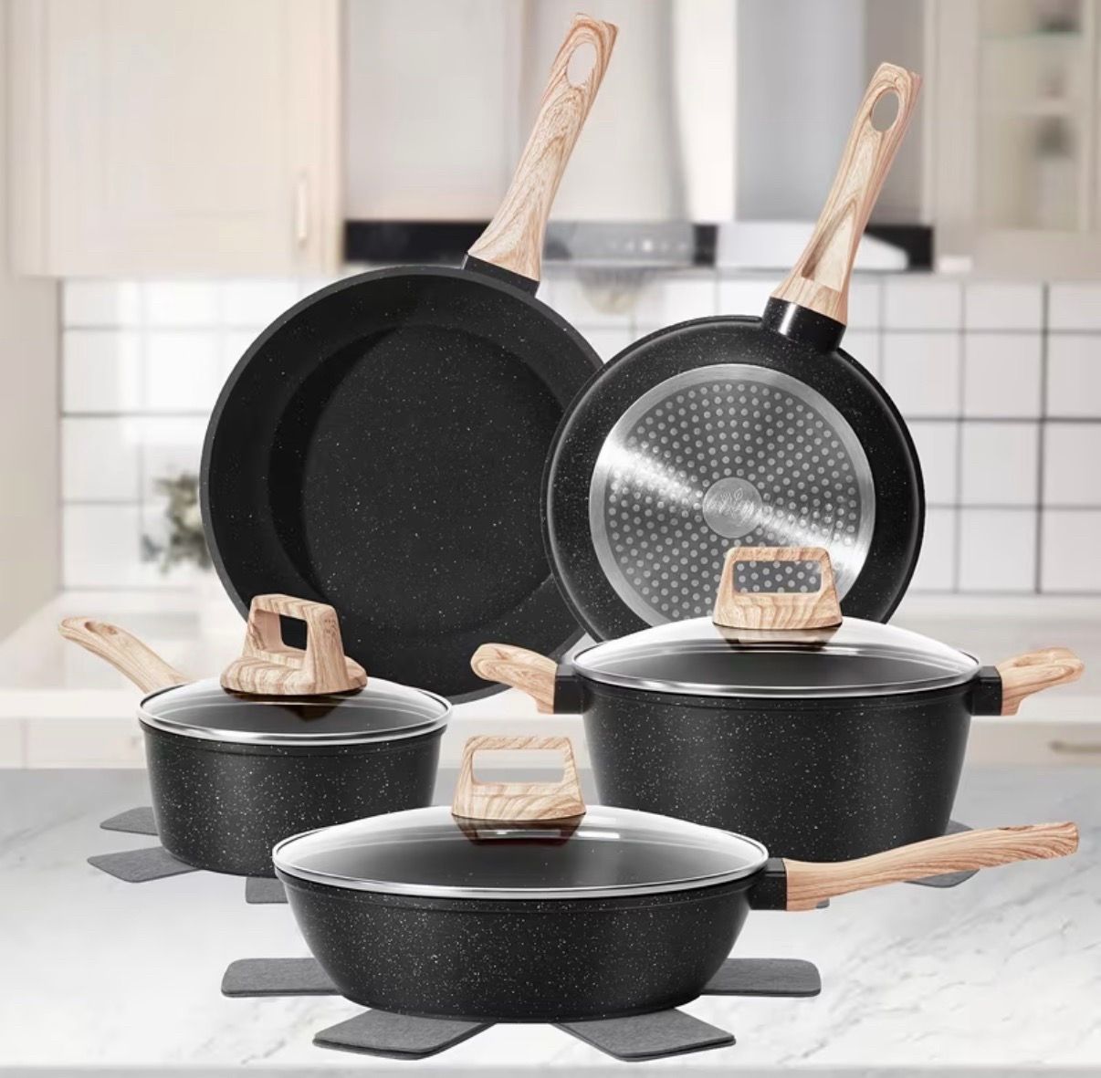 12PCS Pots and Pans Set Nonstick Granite Cookware Induction Kitchen Set Black NEW
