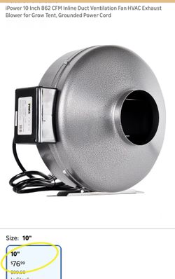 iPower 10 Inch 862 CFM Inline Duct Ventilation Fan HVAC Exhaust Blower for Grow Tent, Grounded Power Cord