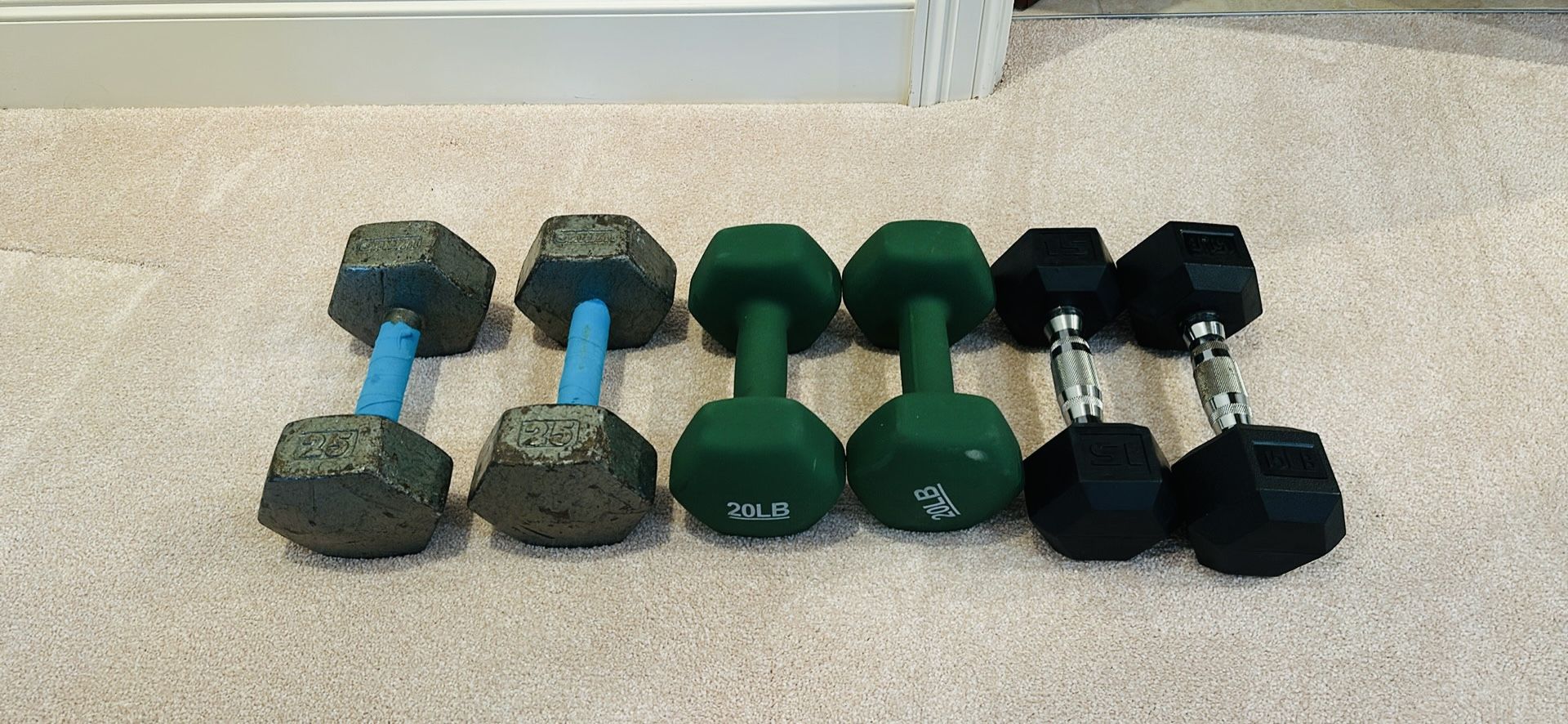 Weighs/dumbells- 25, 20 and 15 Lbs