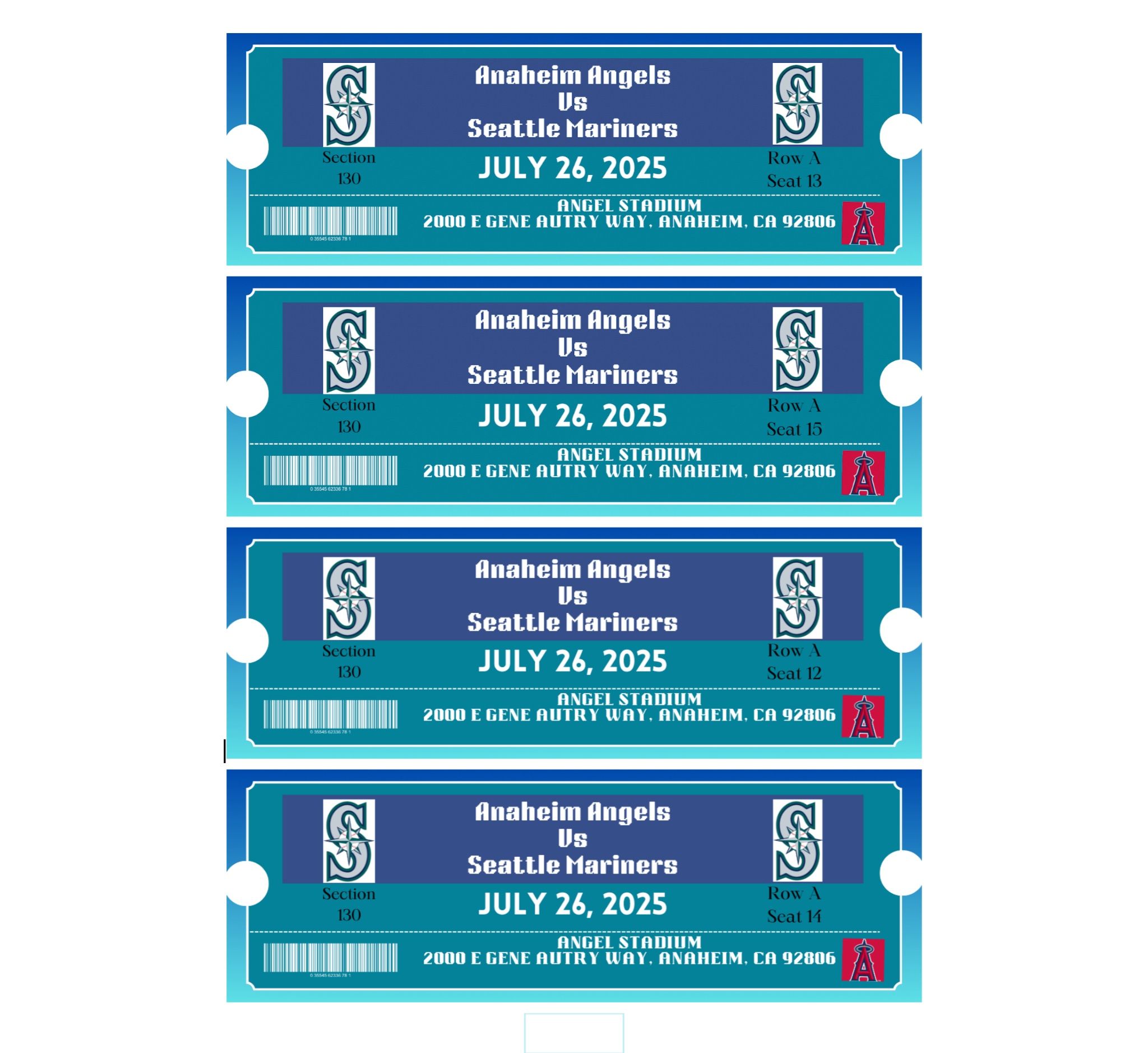 Los Angeles Angels vs. Seattle Mariners Baseball Tickets For FOUR July 26th