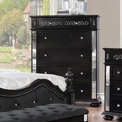 Brand New Black Gothic Chest Wood And Mirrored Glam. Carved Out Floral Accents 