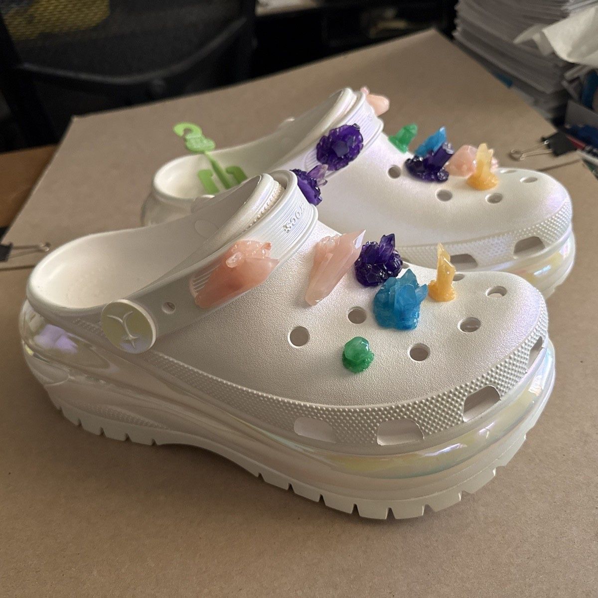 CROCS LIL NAS Mega Crush Iridescent White Clog w/Jibbitz