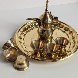 Miniature Etched Brass Dallah with Cups and Tray