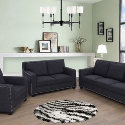 New Sofa Set 3 PC On Chracoal Grey Linen 