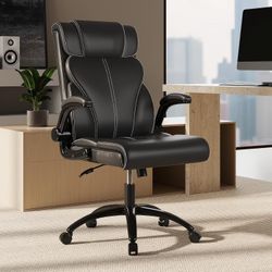 SELOOYE Office Chair, Big and Tall Ergonomic Computer Desk Chairs, Executive Breathable Leather Chair with Adjustable High Back Flip-up Armrests, Blac