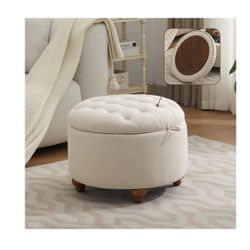 24Inch Round Storage Ottoman with Tray, Modern Tufted Fabric Circle Coffee Table with Storage, Upholstered Ottoman with Removable Top for (DD9)
