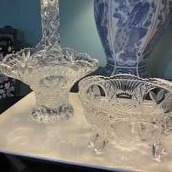 Set of Vintage Glass Basket & Bowl, Carved Birds Design