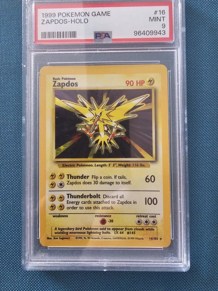 1999 POKEMON BASE SET UNLIMITED #16 ZAPDOS-HOLO PSA 9 POKEMON