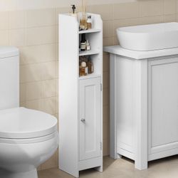 white Small Storage Corner Floor Cabinet with Door, 7.9 x 7.1 x 36.2 Inches, Adjustable Shelves, for Bathroom, Living Room, Small Spaces, Cloud White