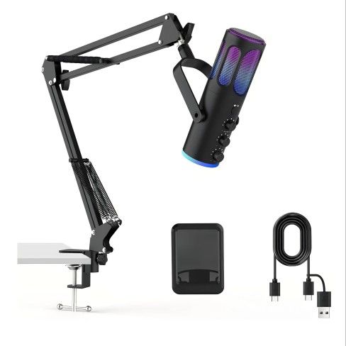 Gaming Microphone, USB Condenser Mic for PC, PS4/5 and Mac, Noise Cancellation Computer Mic with Mute,