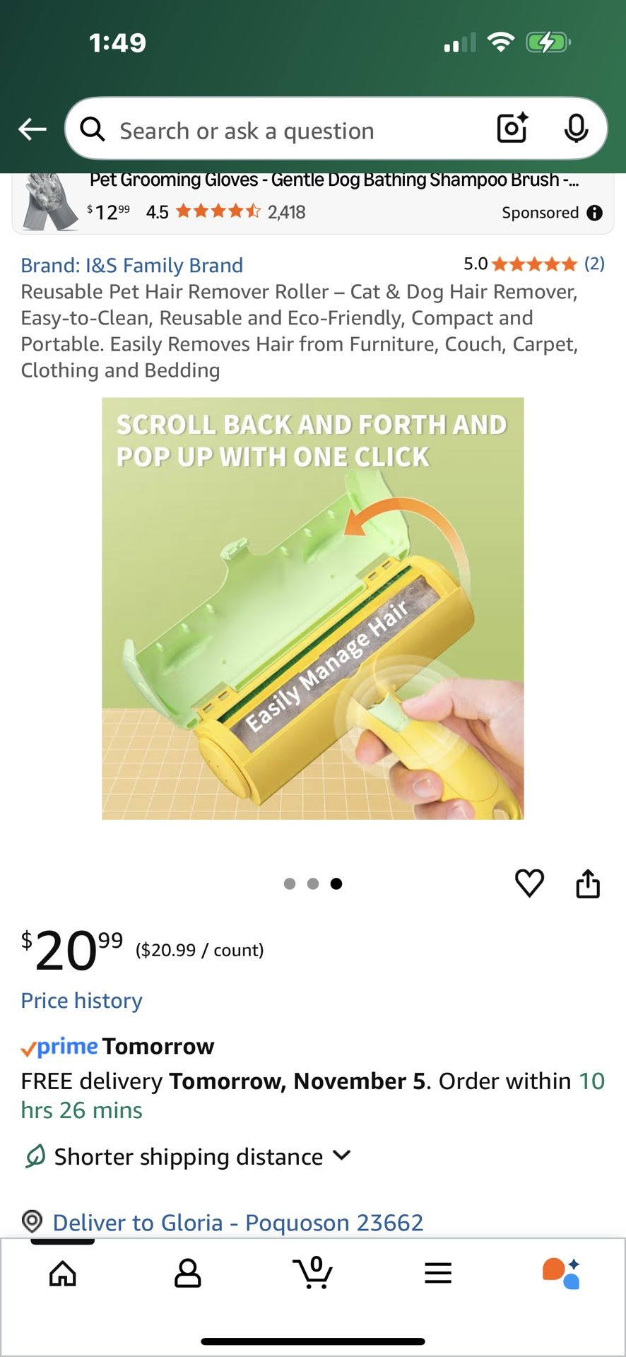 $5-Reusable Pet Hair Remover Roller - Cat & Dog Hair Remover, Easy-to-Clean, Reusable and Eco-Friendly, Compact and Portable. Easily Removes Hair from