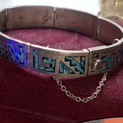 Silver vintage taco Mexico, crush/chipped, blue turquoise inlay