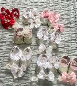 Lots of beautiful handsome shoes w headbands rhinestones blink sparkly set for baby/ first walkers girls