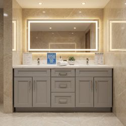 60-inch gray vanity, including cabinet, countertop, sink, and backsplash.