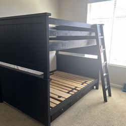 Living Spaces Navy Blue Full Over Full Bunk Bed With Storage Drawers